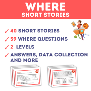Improve your speech and language skills with the 'Where' questions' Short Stories for Speech Therapy and ABA. This collection of 40 fun and engaging Short Stories is designed to teach children how to ask and answer 'Where' questions related to different settings and locations such as parks, schools, fire stations, etc.