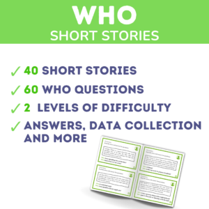 Improve your speech and language skills with the 'Who' questions' Short Stories for Speech Therapy and ABA. This collection of 40 fun and engaging Short Stories is designed to teach children how to ask and answer 'Who' questions related to different settings and people such as mom, dad, teacher, firefighter, etc.