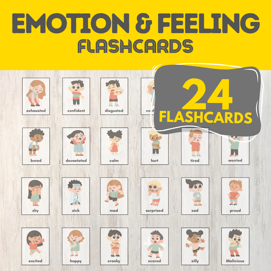 24 Fun and engaging set Emotion & Feeling Flashcards to teach Emotional Regulations and Anger Management for the Classroom, Homeschool, Therapy, Special Education, ADHD, and Autism support.
