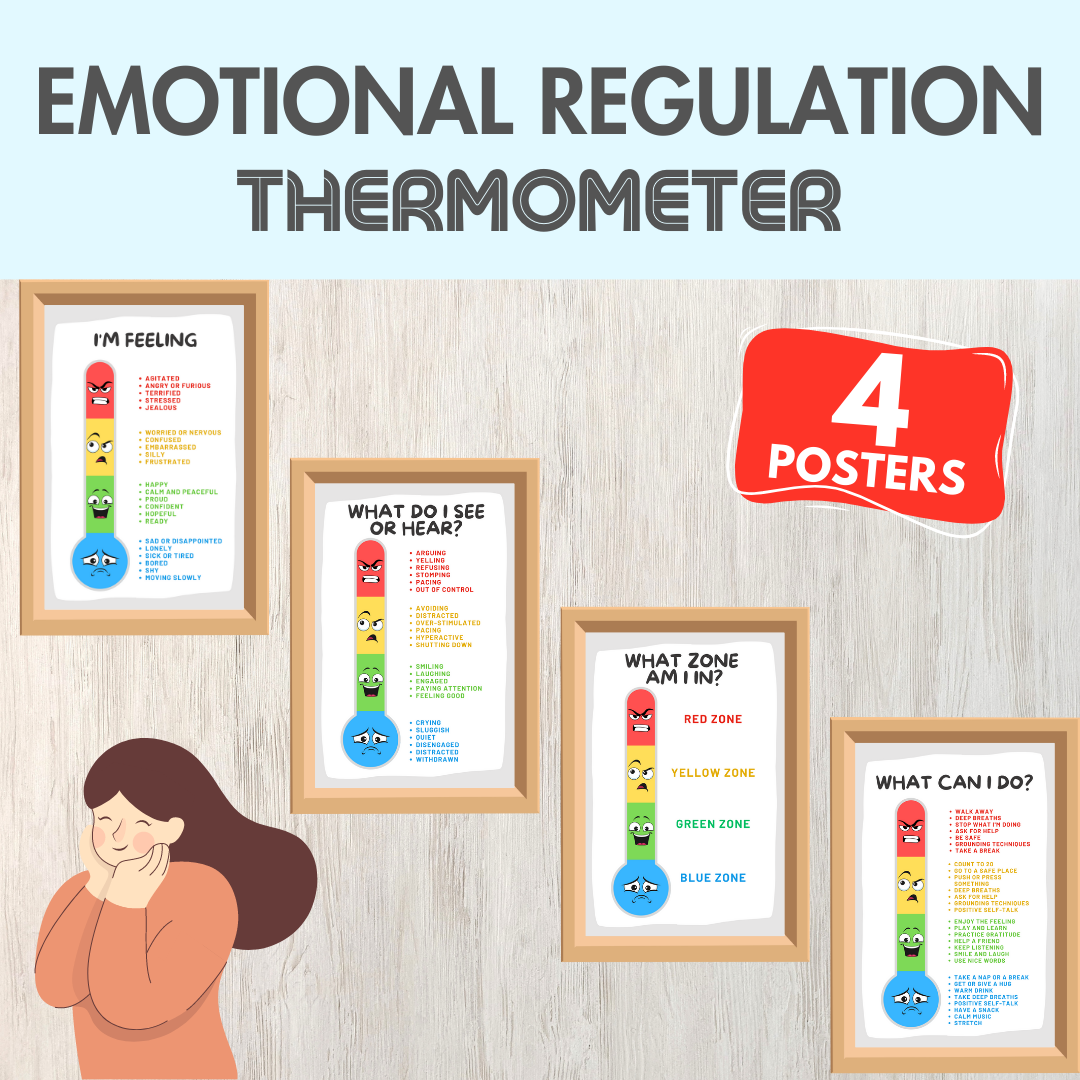 Introducing our Emotional Self Check-In Thermometer Posters – 4 powerful tools to help children and students recognize their emotions, describe behaviors related to each emotion, identify which zone they are in, and learn and practice coping strategies.