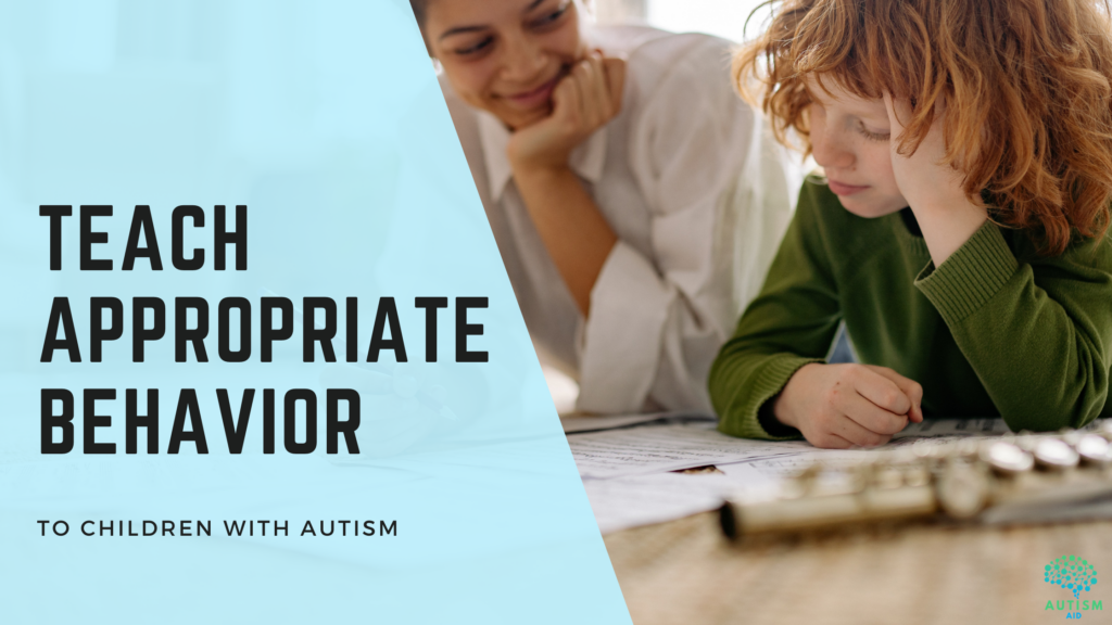 Teacher using appropriate vs. inappropriate behavior sorting cards with an autistic student in a classroom.