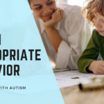 Teacher using appropriate vs. inappropriate behavior sorting cards with an autistic student in a classroom.